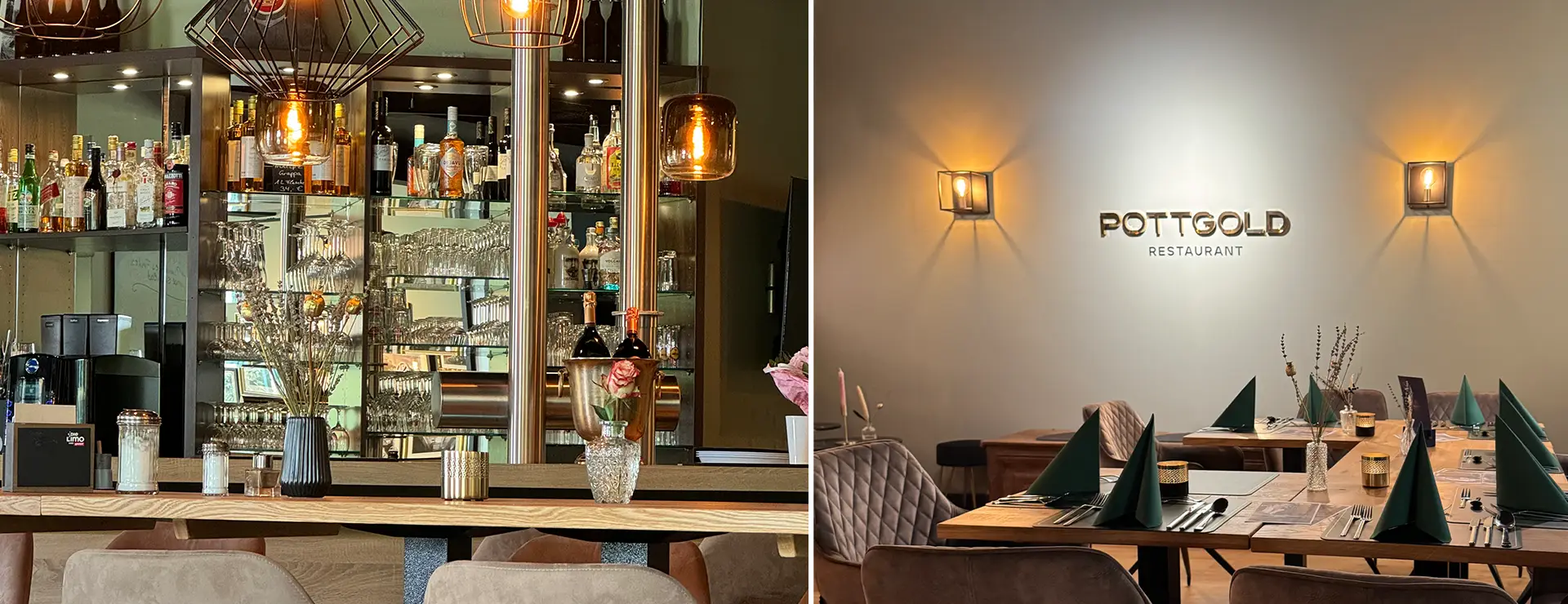 Restaurantinterieur von Pottgold mit Barbereich, gedeckten Tischen und Wandlogo in warmem Licht