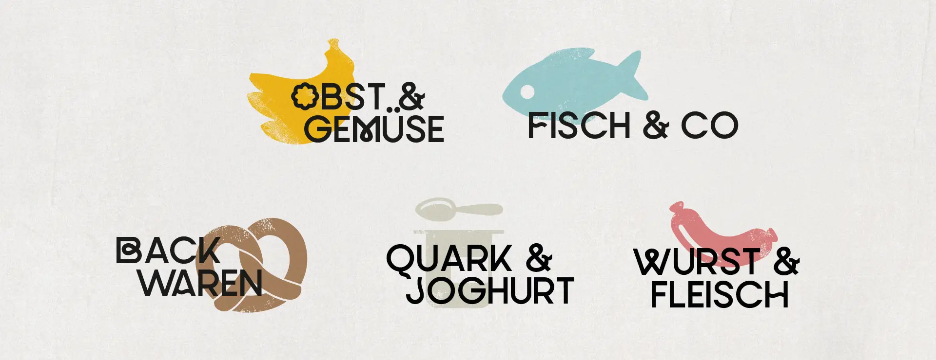 Illustrationen der Sortimentsbereiche bei Marktkauf Grubendorfer Dortmund wie Obst und Gemüse, Fisch, Backwaren, Milchprodukte und Fleisch