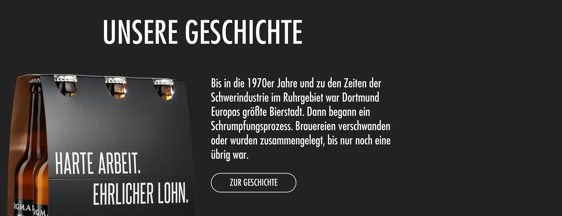 Website-Bereich der Bergmann Brauerei mit Bierkasten, Claim und Unternehmensgeschichte auf dunklem Hintergrund.
