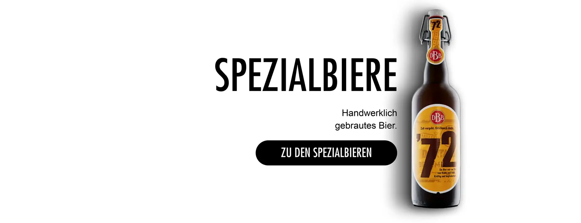 Website-Visual der Bergmann Brauerei mit Spezialbier-Flasche, typografischem Titel und Call-to-Action.