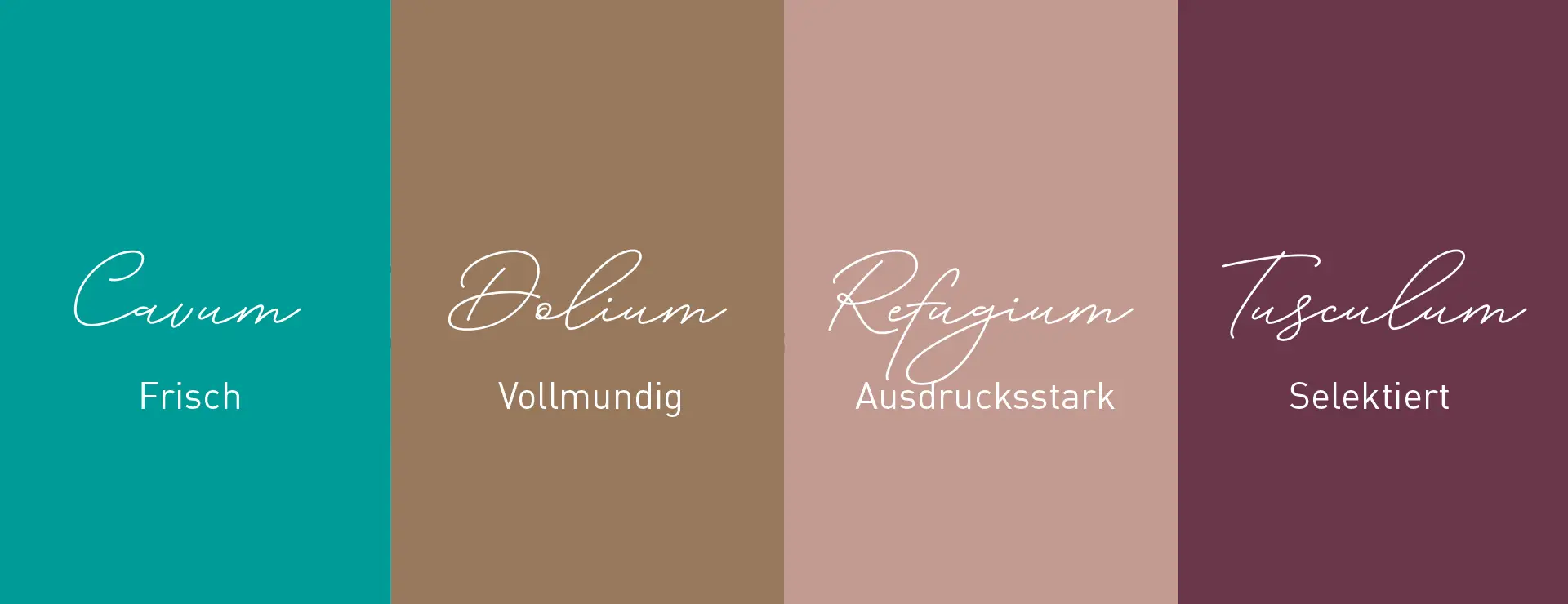Farbkonzept von Tullius mit vier Farbfeldern und den Bezeichnungen Cavum, Dolium, Refugium und Tusculum
