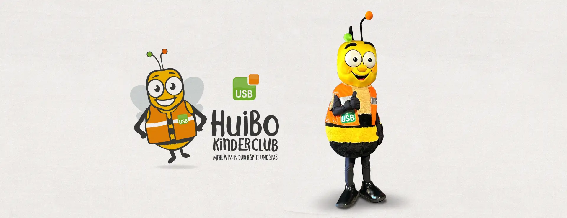USB Maskottchen Huibo als Illustration und Kostümfigur für den Kinderclub