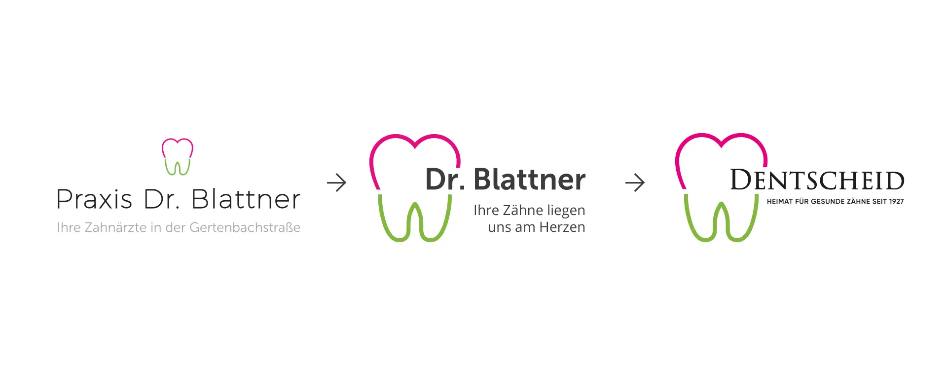 Logoentwicklung einer Zahnarztpraxis mit stilisiertem Zahn-Herz-Symbol und Entwicklung von Praxis Dr. Blattner zu Dentscheid