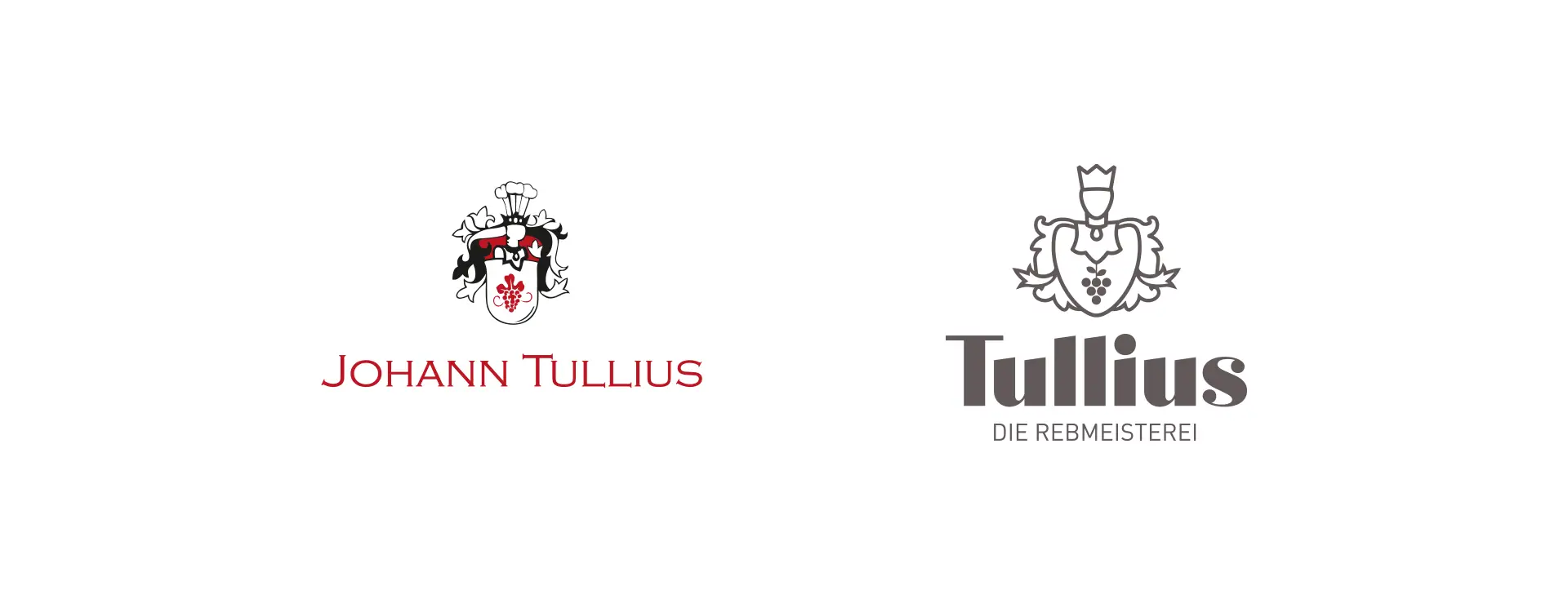 Corporat Design. Zwei Logos: vorher Johann Tullius und nachher Tullius Die Rebmeisterei mit Wappen