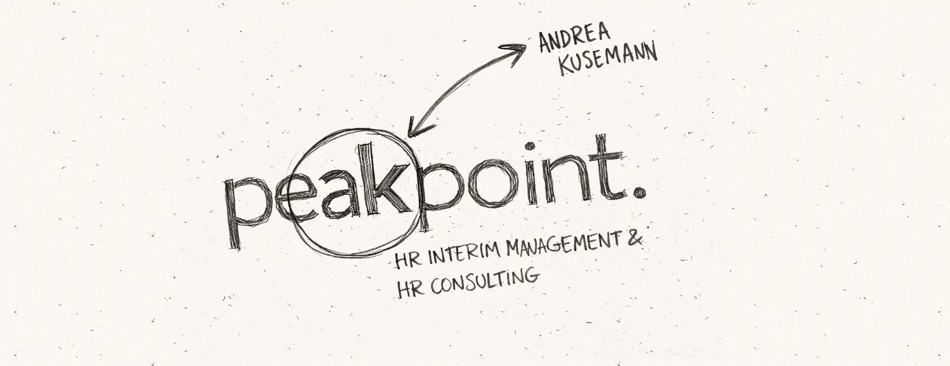 Handgezeichnetes Logo-Konzept „peakpoint.“ mit Zusatz HR Interim Management & HR Consulting und Namensverweis Andreas Kusemann