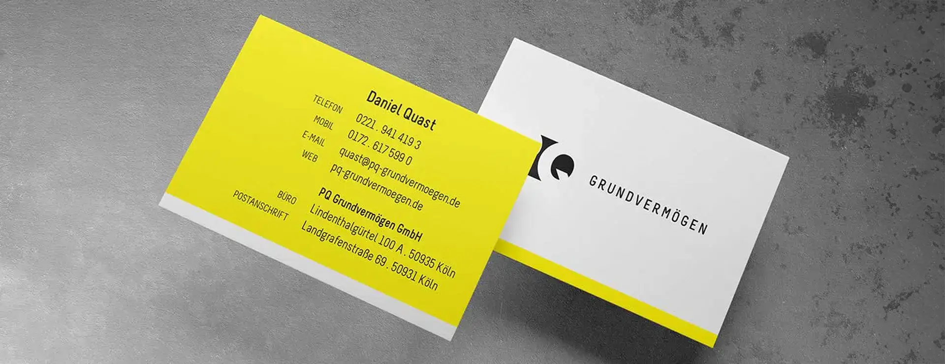 Visitenkarten Design für Grundvermögen Immobilienunternehmen in Gelb und Weiß