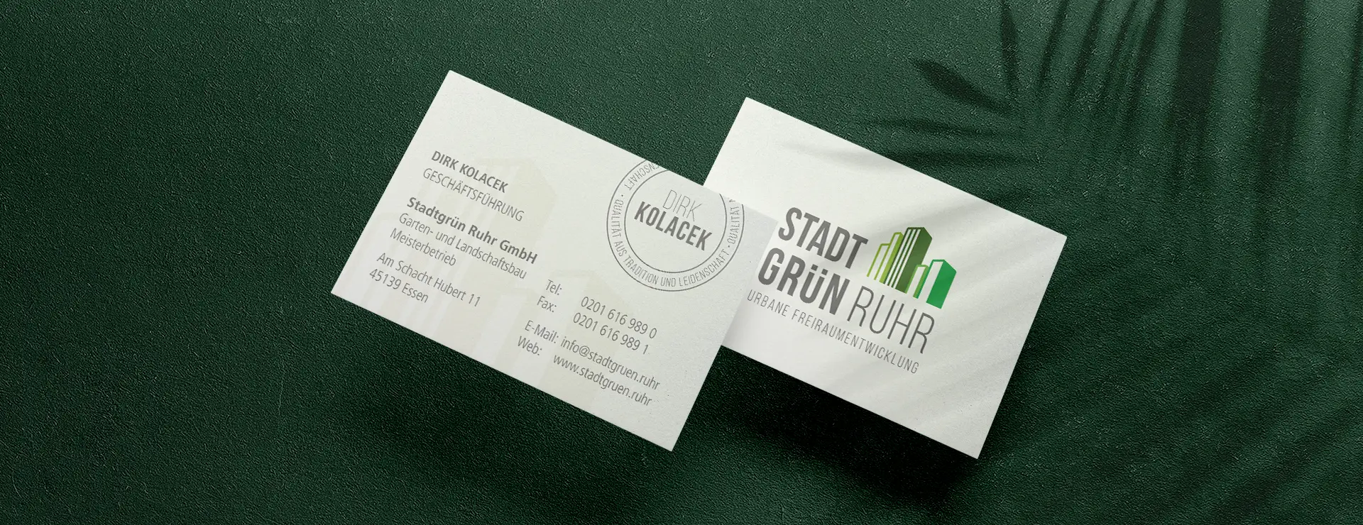 Visitenkarten-Design für ein Garten- und Landschaftsbauunternehmen mit Logo „Stadtgrün Ruhr“