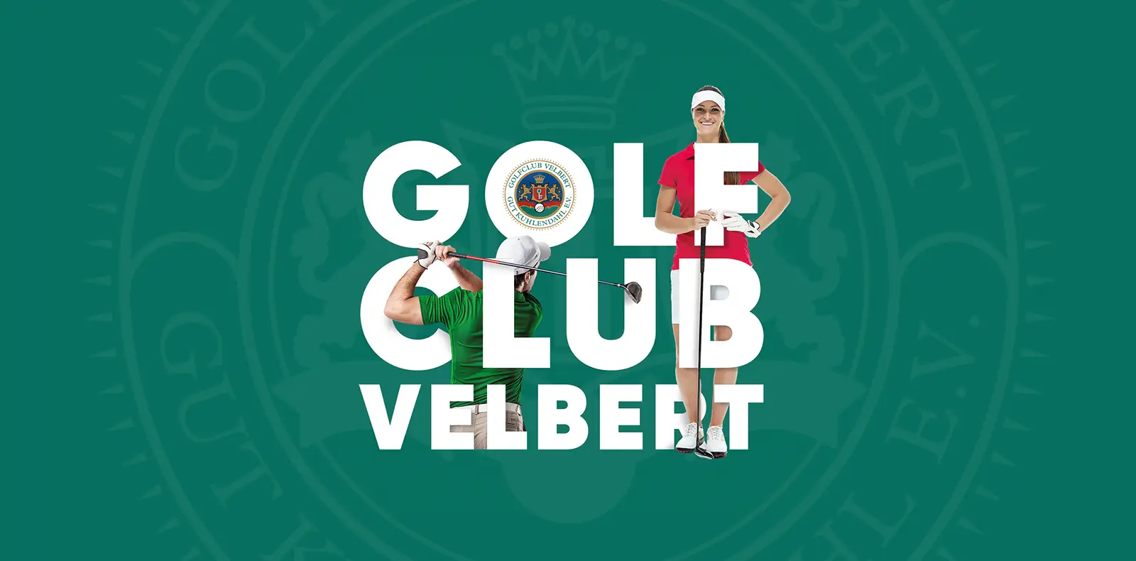 Golfclub Velbert Broschüre mit großflächiger Typografie und Golfspieler Motiven auf dem Cover