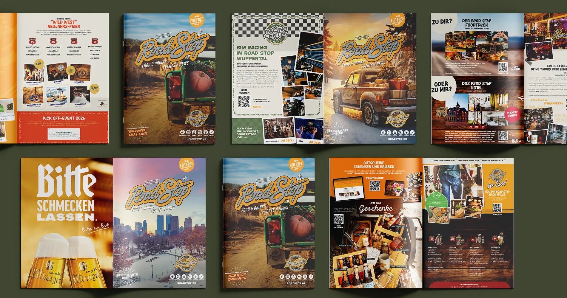 Übersicht verschiedener gestalteter Magazine und Printmaterialien für Road Stop im Corporate Design
