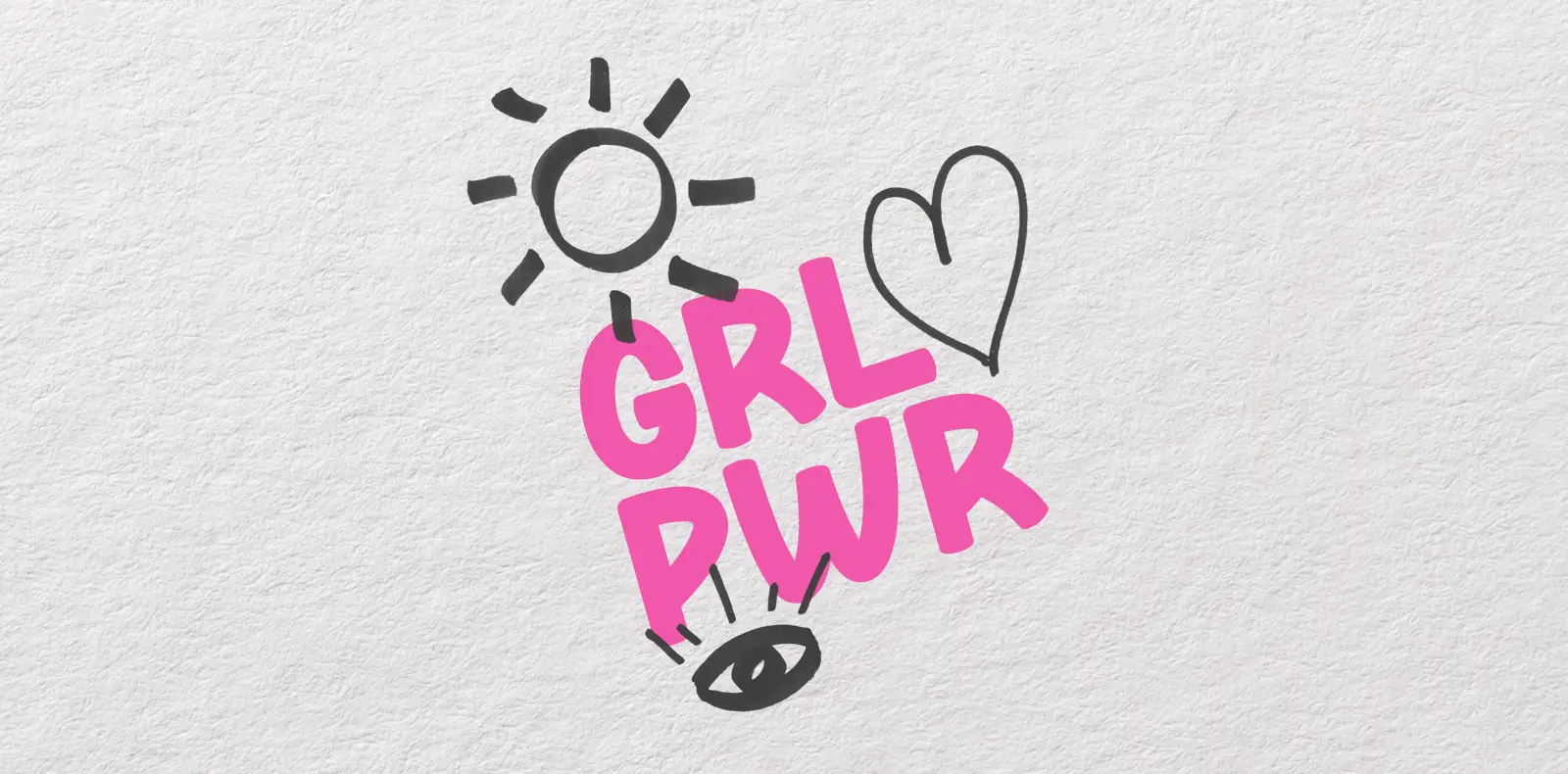 Illustration mit pinkem Schriftzug „GRL PWR“ sowie gezeichneten Symbolen wie Sonne, Herz und Auge für Recruitingkampagne